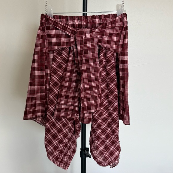 🔥 Tie Waist Skirt Faux-Sleeve Red Plaid Korean Streetwear - Picture 3 of 7